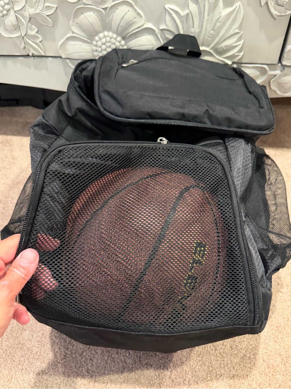 Sports ball basketball backpack mesh pockets black athletic gym soccer football